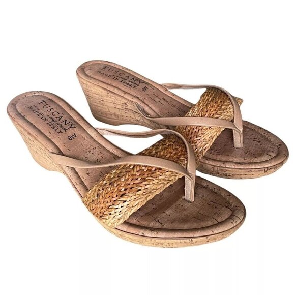 Tuscany Easy Street Italian Wedge Sandal Women Sz 9W Cork Straw Beach Italy Heel - Picture 1 of 8